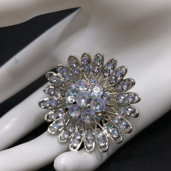 Rhinestone Flower Brooch, Aurora Borealis Clear Rhinestones, Silver Tone, 1 3/4" - Picture 3 of 7